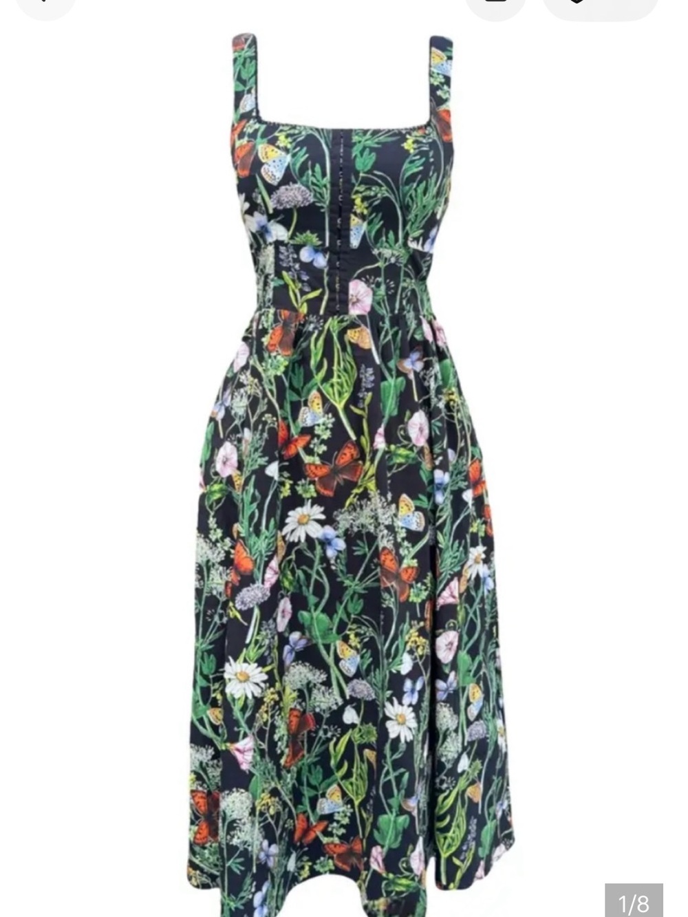 Avec Les Filles botanical butterfly midi corset black cotton flare dress size 2